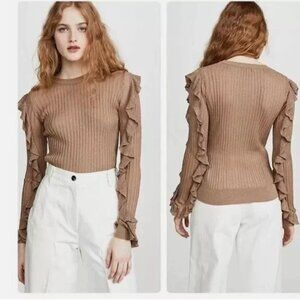 Joie Beza Gold Metallic Ruffle Rib-Knit Sweater Size XXX-Small